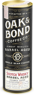 Scotch Whisky Barrel Aged Coffee, Colombia Single Origin Washed Whole Coffee Bean, Medium Roast w/Flavor Notes of Milk Chocolate, Raspberry, Honey, Silky Scotch by Oak & Bond Coffee Co. – 10oz.