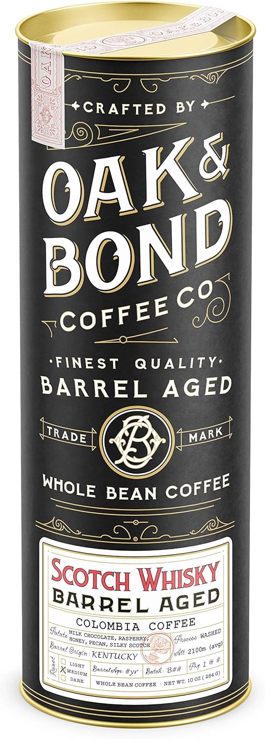 Scotch Whisky Barrel Aged Coffee, Colombia Single Origin Washed Whole Coffee Bean, Medium Roast w/Flavor Notes of Milk Chocolate, Raspberry, Honey, Silky Scotch by Oak & Bond Coffee Co. – 10oz.