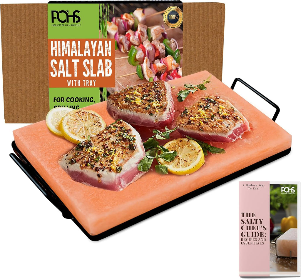 POHS Himalayan Salt Block Cooking Plate 12x8x1.5 for Cooking, Grilling, Cutting and Serving, with Metal Tray & Recipe Booklet Unique Gifts for Men, Women, Chefs & Cooks