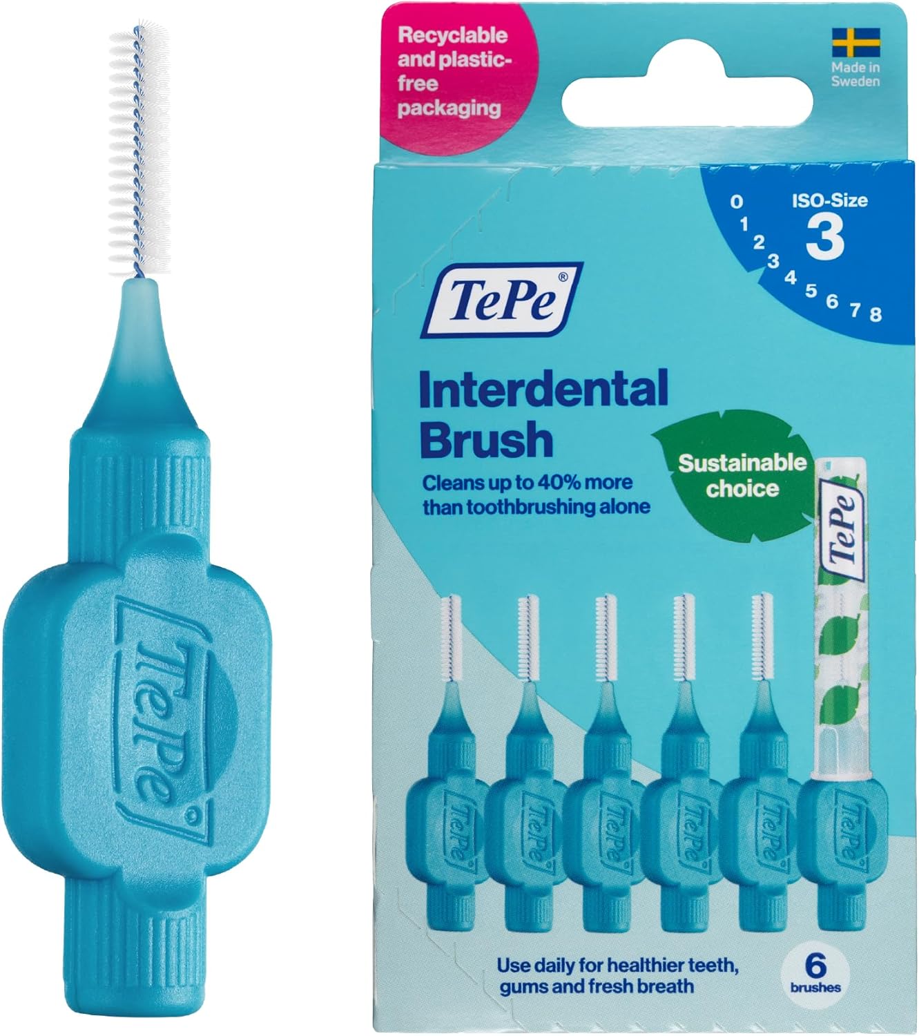 TePe Interdental Brush Original, Soft Dental Brush for Teeth Cleaning, Pack of 6, 0.6 mm, Medium Gaps, Blue, Size 3