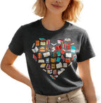 Valentine's Tshirt Women Cute Love Heart Graphic Tees Funny Cassette Tape Letter Print Splicing Short Sleeve Lover Tee Tops