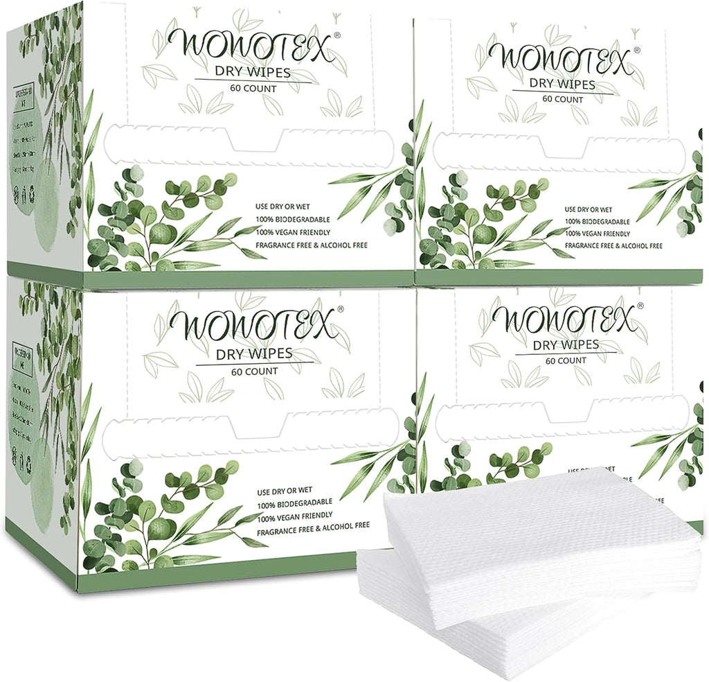 WOWOTEX Disposable Face Towel Biodegradable Large Dry Face Wipes 240 Count/4 Box Extra Thick Soft Clean Facial Towels for Sensitive Skin, Makeup Removing, Facial Cleansing, Nursing, Travel, 10"×12"