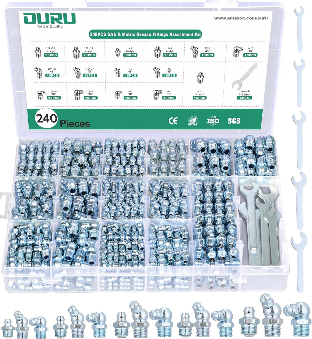 OURU Grease Fittings Assortment, 240PCS SAE & Metric Zerk Grease Fittings NPT 1/4" 1/8" M6 M8 M10, Straight 45 90 Degree Grease Nipple with Wrench Kit(7-11mm) for Grease Gun
