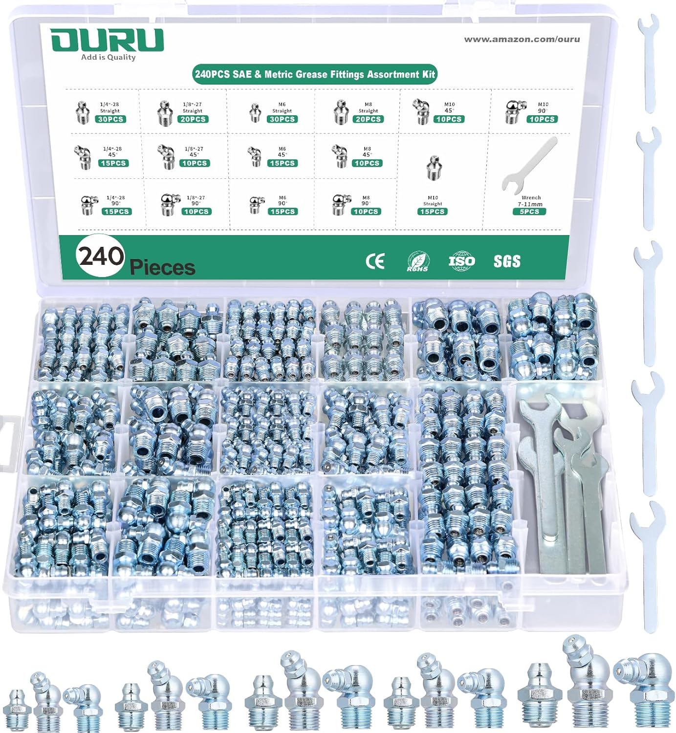 OURU Grease Fittings Assortment, 240PCS SAE & Metric Zerk Grease Fittings NPT 1/4" 1/8" M6 M8 M10, Straight 45 90 Degree Grease Nipple with Wrench Kit(7-11mm) for Grease Gun