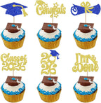 24 Pack Class Of 2026 Graduation Cupcake Toppers Glitter Congrats Grad Cap I Am Done 2026 Cupcake Picks Grad Cake Decorations for Graduation Theme Party Decorations Supplies Gold Blue