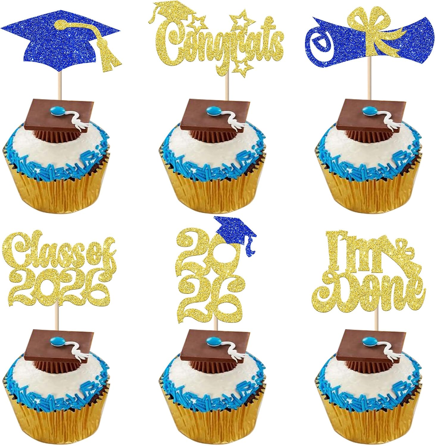 24 Pack Class Of 2026 Graduation Cupcake Toppers Glitter Congrats Grad Cap I Am Done 2026 Cupcake Picks Grad Cake Decorations for Graduation Theme Party Decorations Supplies Gold Blue
