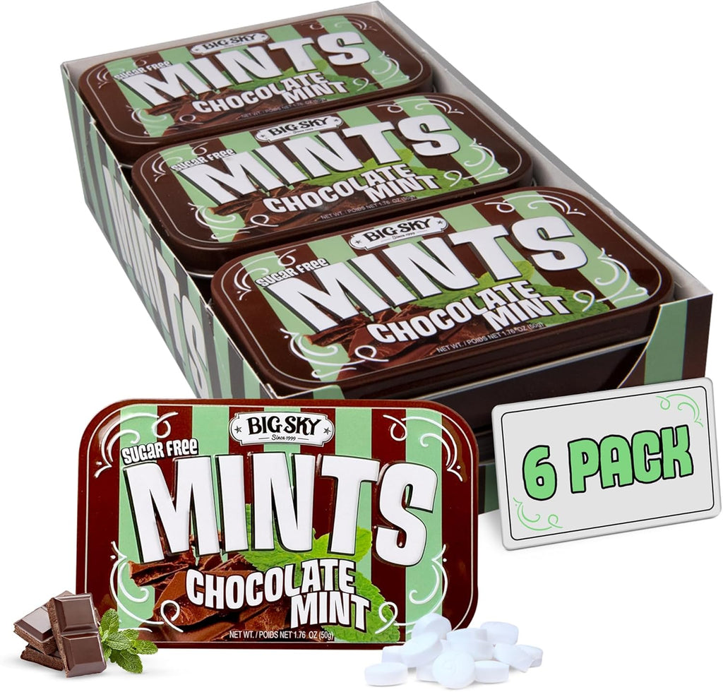 Big Sky Sugar Free Mints - Chocolate Mint - 50 Count Tin (Pack of 6) | Kosher Certified, Vegan Candy | Aspartame & Gluten Free | Sugar Free Mints for Travel & Sharing, Long Lasting Freshness