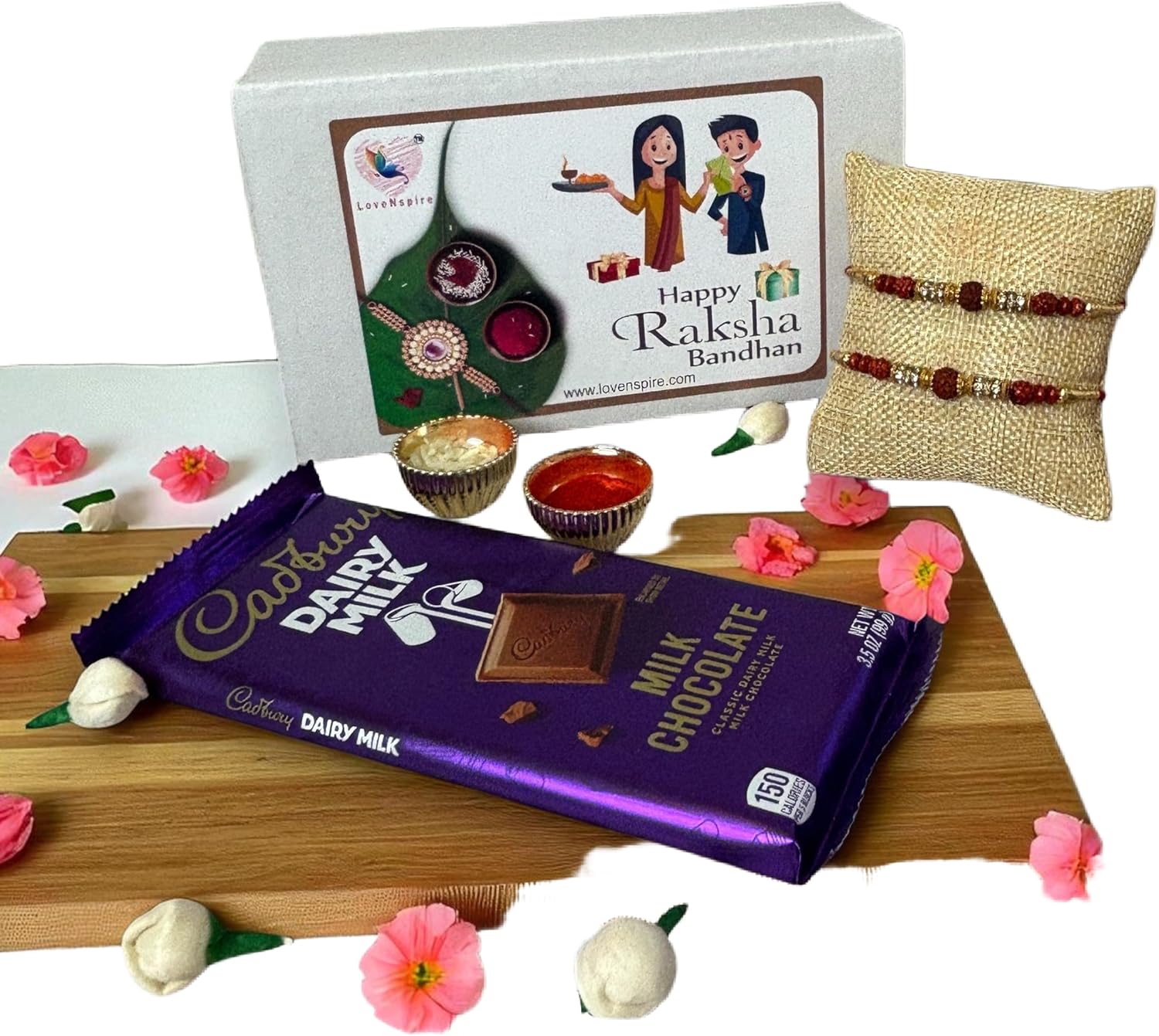 LoveNspire Rakhi Gift Hamper Rakhi for Brother with Gift Set - Set of 2 Rudraksha Rakhi with Haldi Kumkum Holder Roli Chawal - Raksha Bandhan Bracelet Rakhi for Bhai Bhabhi Hamper 1