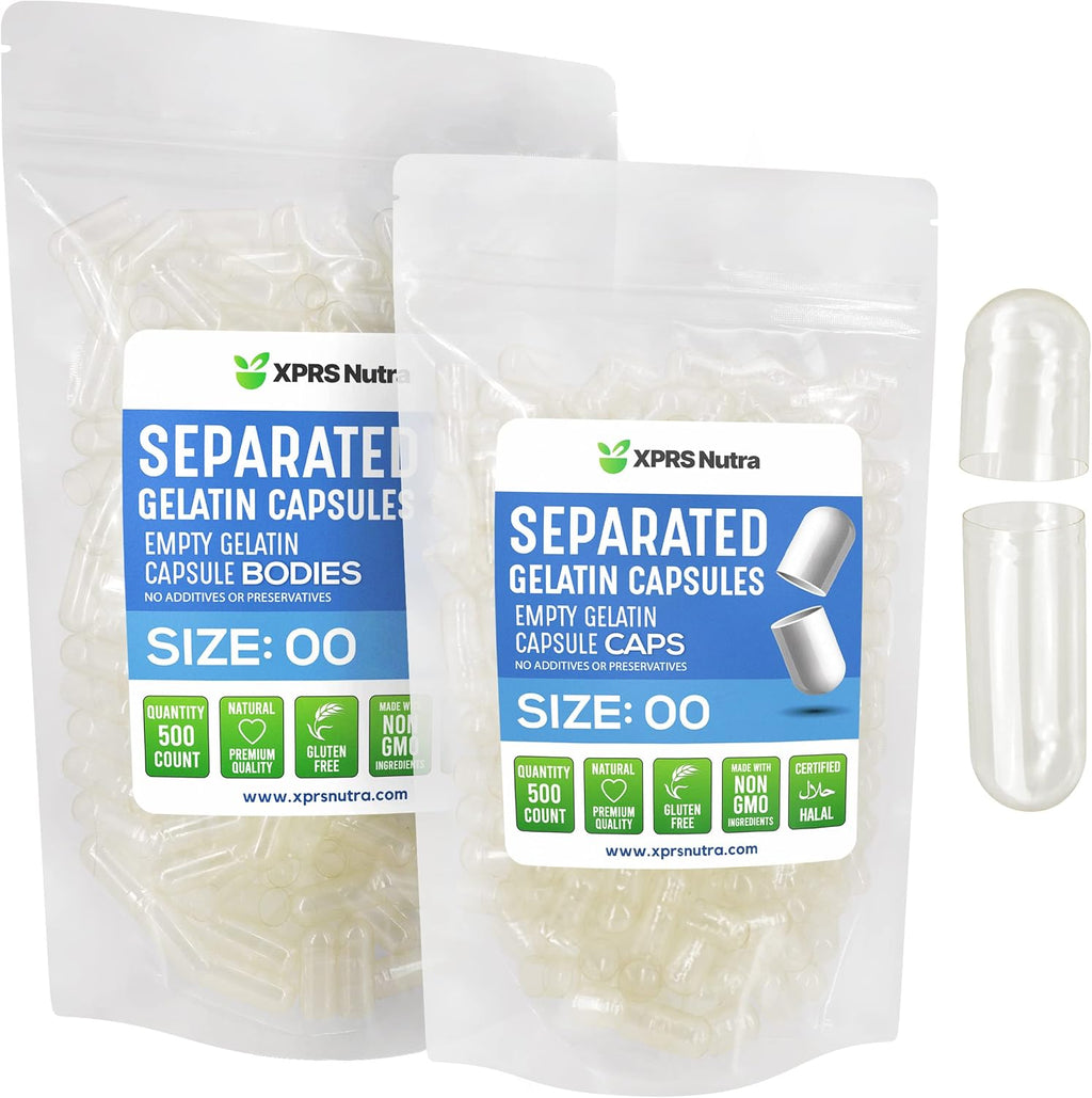 XPRS Nutra Gelatin Size 00 Separated Capsules - 500 Count Clear Gelatin Empty Capsules Separated in Bags -Empty 00 Pills for DIY Supplement Filling