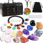 26Pcs Crystals and Healing Stone Set 14 Tumbled Stones 7 Raw Energy Stones Chakra Necklace Bracelet Quartz Crystals Selenite with Gift Box for Yoga Beginners Meditation Collection Spiritual