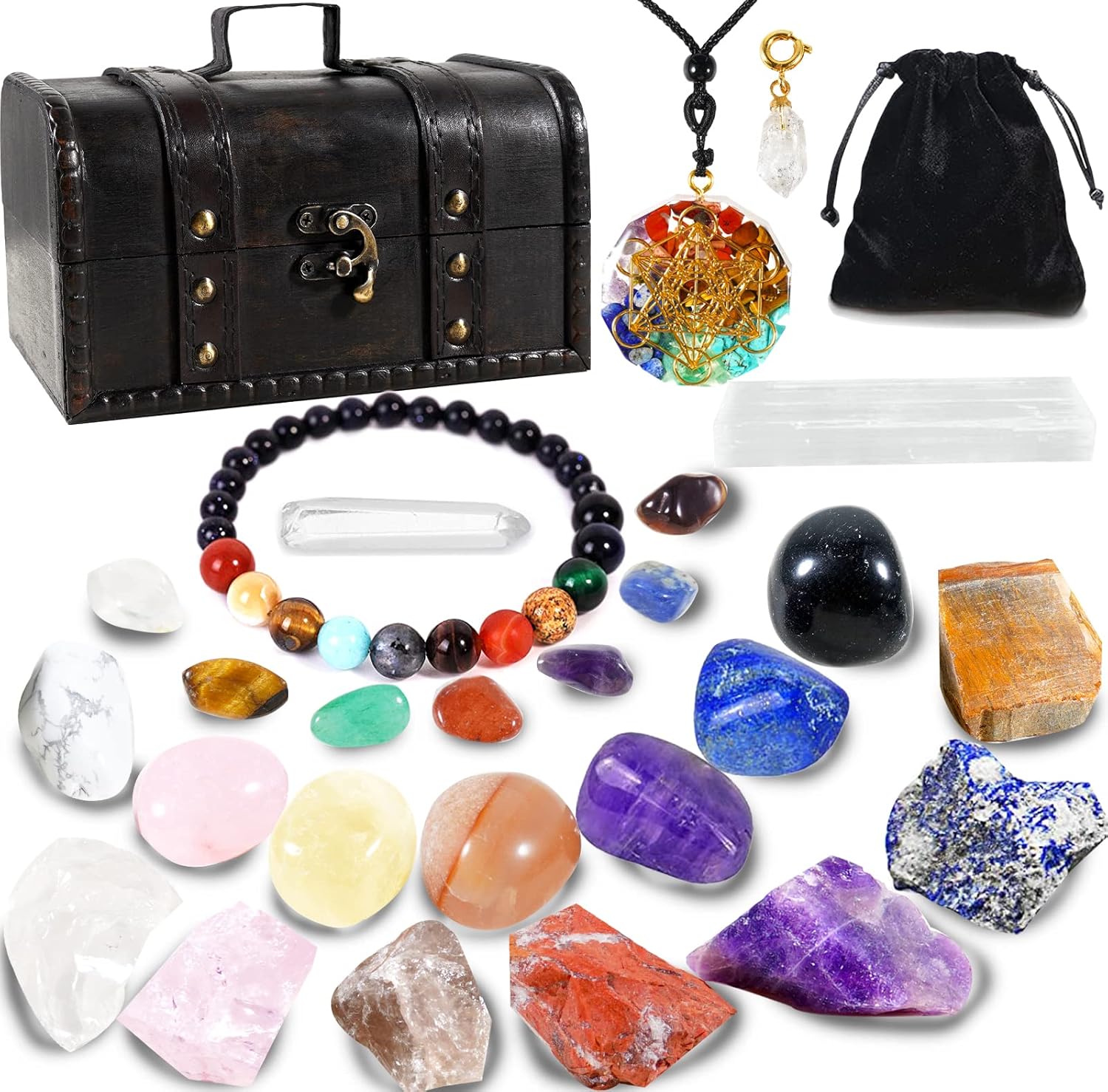 26Pcs Crystals and Healing Stone Set 14 Tumbled Stones 7 Raw Energy Stones Chakra Necklace Bracelet Quartz Crystals Selenite with Gift Box for Yoga Beginners Meditation Collection Spiritual