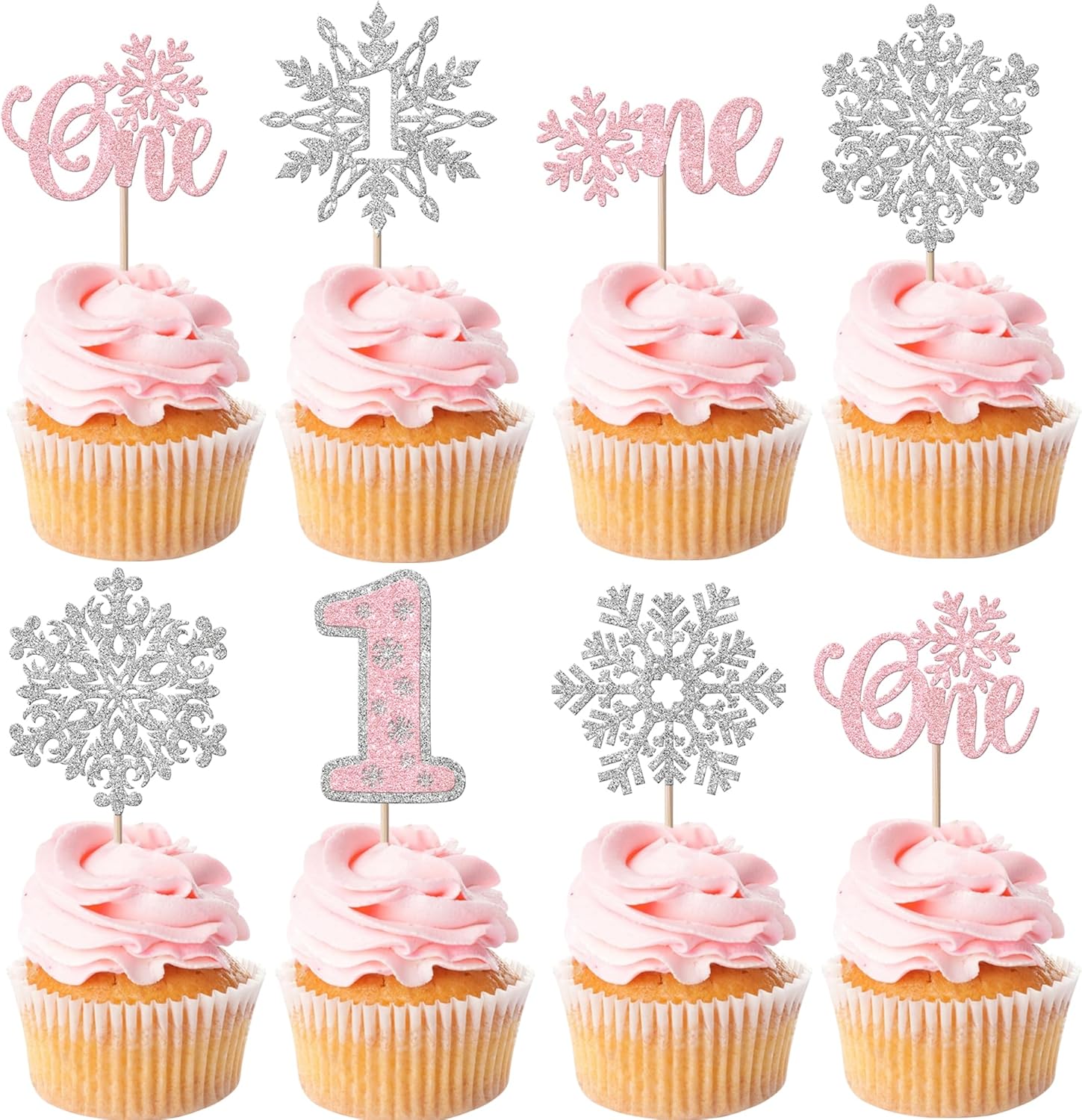 Rsstarxi 24 Pack Snowflake Cupcake Toppers - Pink Snowflake One Cupcake Picks Baby Shower First Birthday Cake Decorations for Winter Onederland Party