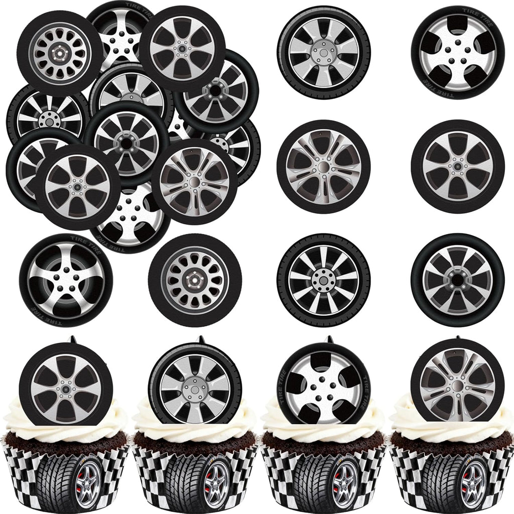 36PCS Edible Wheel Tire Cupcake Toppers Wafer Paper Racing Cars Wheels Cupcake Picks Racing Cupcake Toppers for Let’s Go Racing Checkered Theme Party Decor Supplies