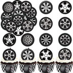 36PCS Edible Wheel Tire Cupcake Toppers Wafer Paper Racing Cars Wheels Cupcake Picks Racing Cupcake Toppers for Let’s Go Racing Checkered Theme Party Decor Supplies