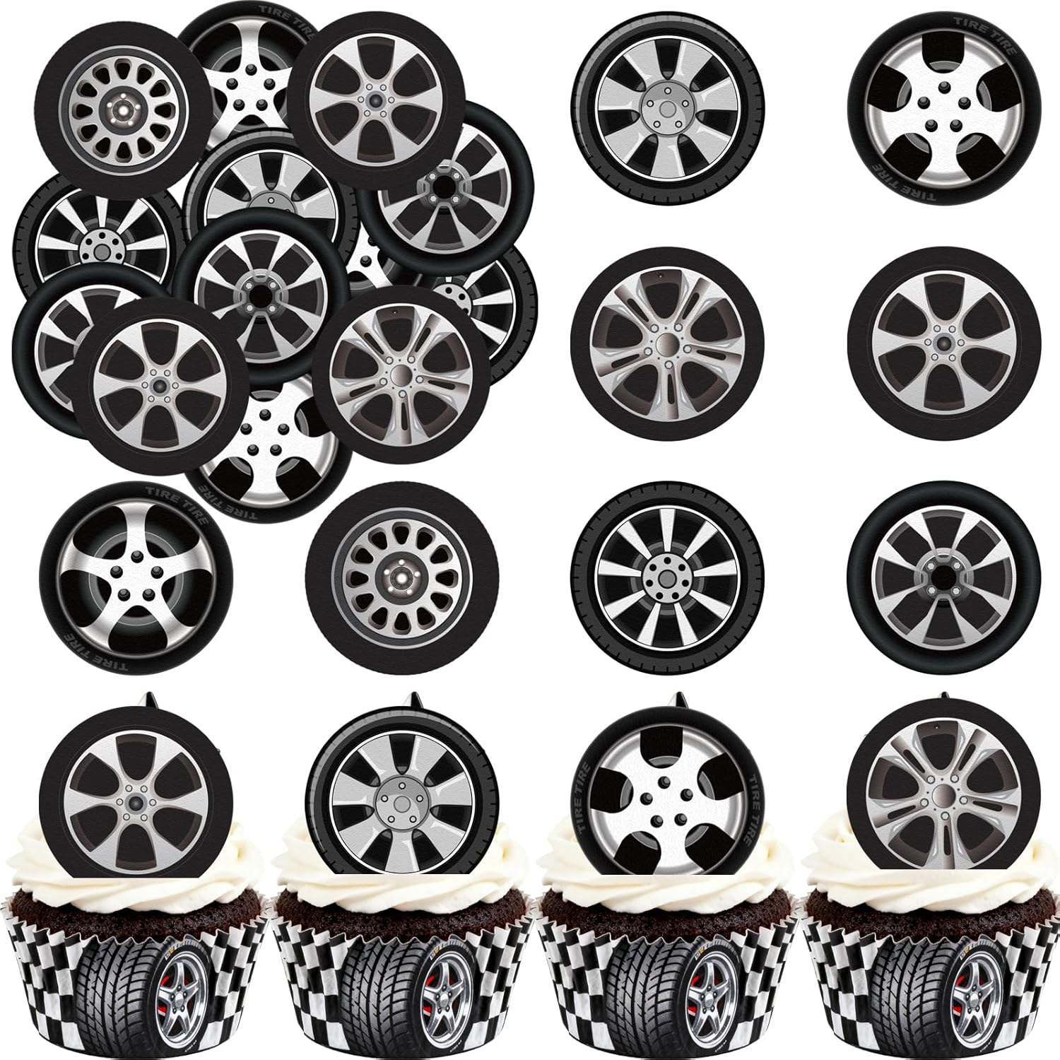 36PCS Edible Wheel Tire Cupcake Toppers Wafer Paper Racing Cars Wheels Cupcake Picks Racing Cupcake Toppers for Let’s Go Racing Checkered Theme Party Decor Supplies