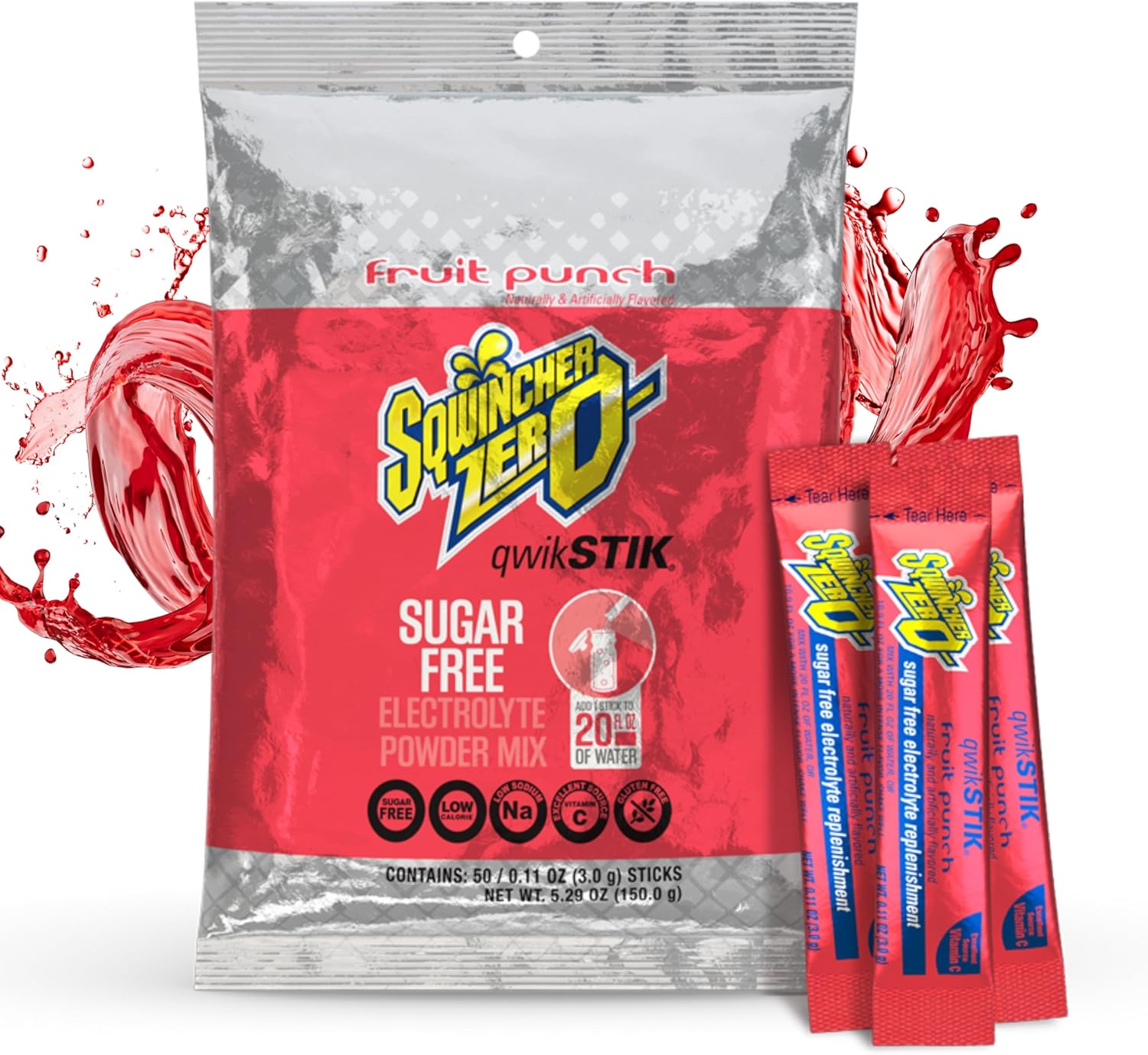 Sqwincher Zero Qwik Stik, Fruit Punch, Sugar Free, Low Calorie, Low Sodium Electrolyte Powder Hydration Drink Mix, .11 0z Packet (Pack of 50)