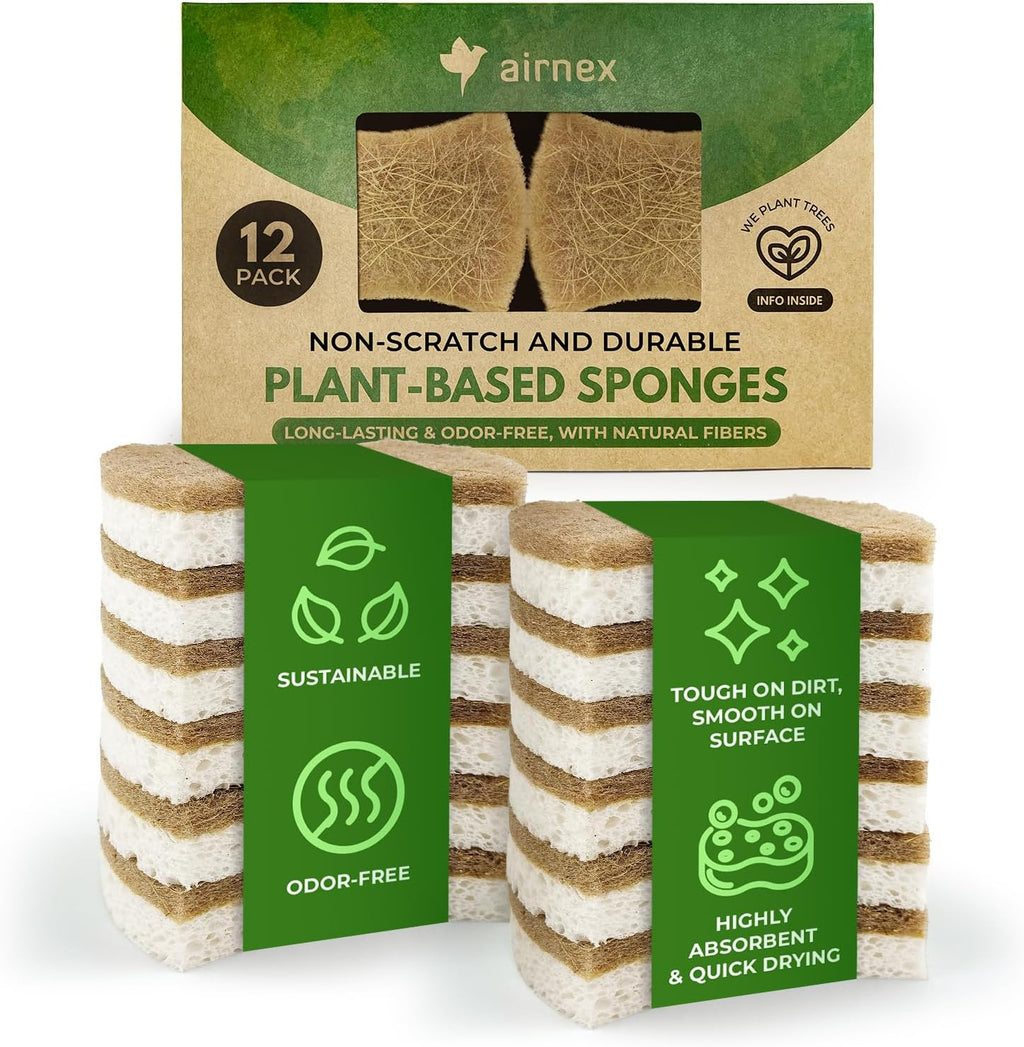 AIRNEX Natural Kitchen Sponges (12 Pack) - Biodegradable Cellulose & Coconut Scrubber Dish Sponge for Kitchen - Eco-Friendly, Non Scratch, Compostable, Non Toxic Natural Sponges for Dishes