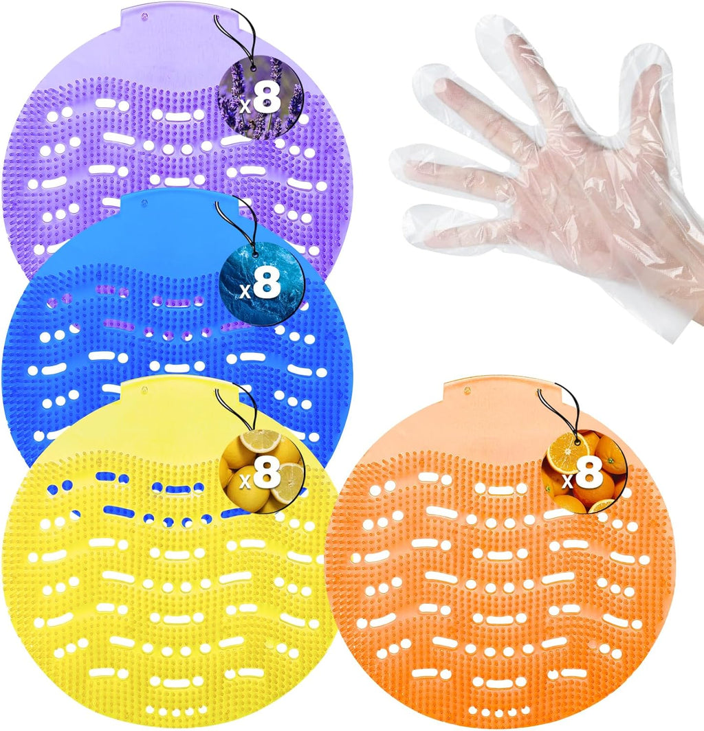 32 Pack Urinal Deodorizer Screen with 100 Gloves, 3D Wave Anti-Splash Odor Protection Urinal Cakes for Men Toilets Dry Wet Urinal Deodorant Bathroom Office Mall Hotel Four Scents Urinal Mats