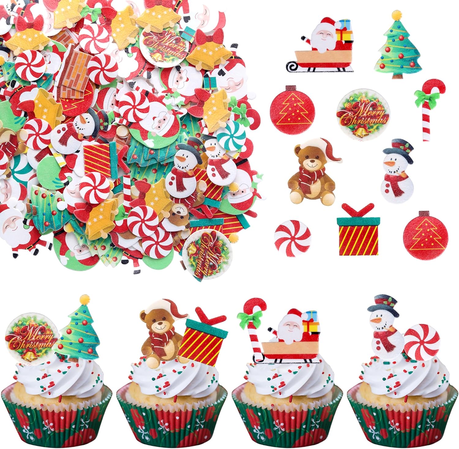 60 Pack Edible Christmas Cake Topper Edible Wafer Paper Santa Snowman Christmas Cake Pick Edible Christmas Xmas Festival birthday Cake Decoration Party Supplies