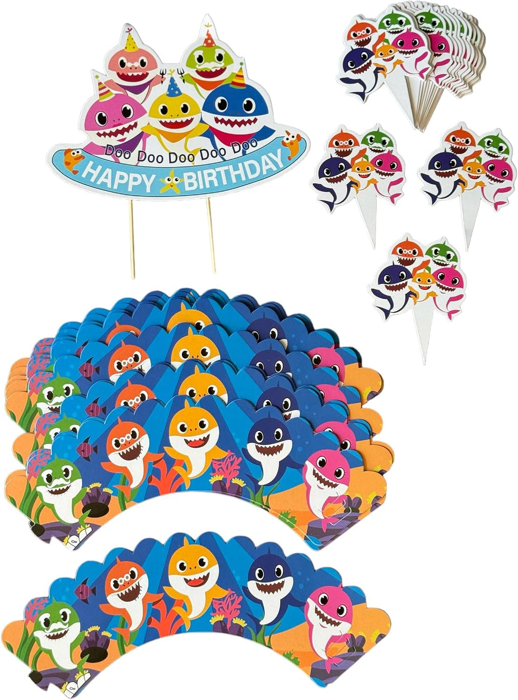 49Pcs Blue Shark Cupcake Decorations- 1 Happy Birthday Shark Cake Topper, 24pcs Shark Cupcake Toppers and 24pcs Cupcake Themed Cake Party Decoration for Birthday Party Supplies.