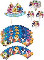 49Pcs Blue Shark Cupcake Decorations- 1 Happy Birthday Shark Cake Topper, 24pcs Shark Cupcake Toppers and 24pcs Cupcake Themed Cake Party Decoration for Birthday Party Supplies.