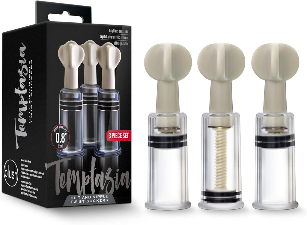 Blush Temptasia Clit & Nipple Twist Suckers - Set of 3 Adjustable Suckers - Twist to Increase Vacuum - Heighten Sensitivity & Arousal - 1.25" Width Durable Acrylic Cylinders - Kinky Sex Toy for Women