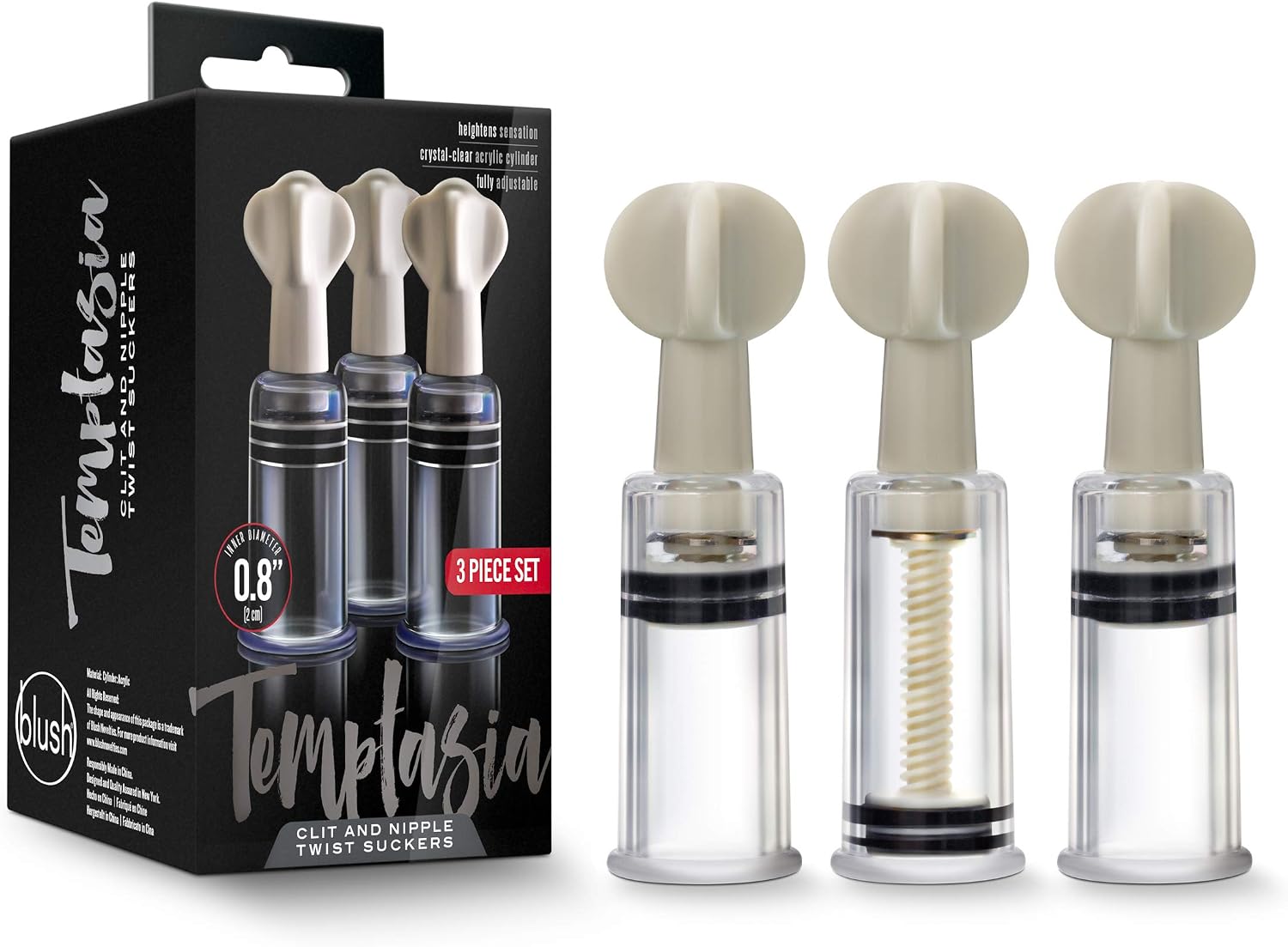 Blush Temptasia Clit & Nipple Twist Suckers - Set of 3 Adjustable Suckers - Twist to Increase Vacuum - Heighten Sensitivity & Arousal - 1.25" Width Durable Acrylic Cylinders - Kinky Sex Toy for Women
