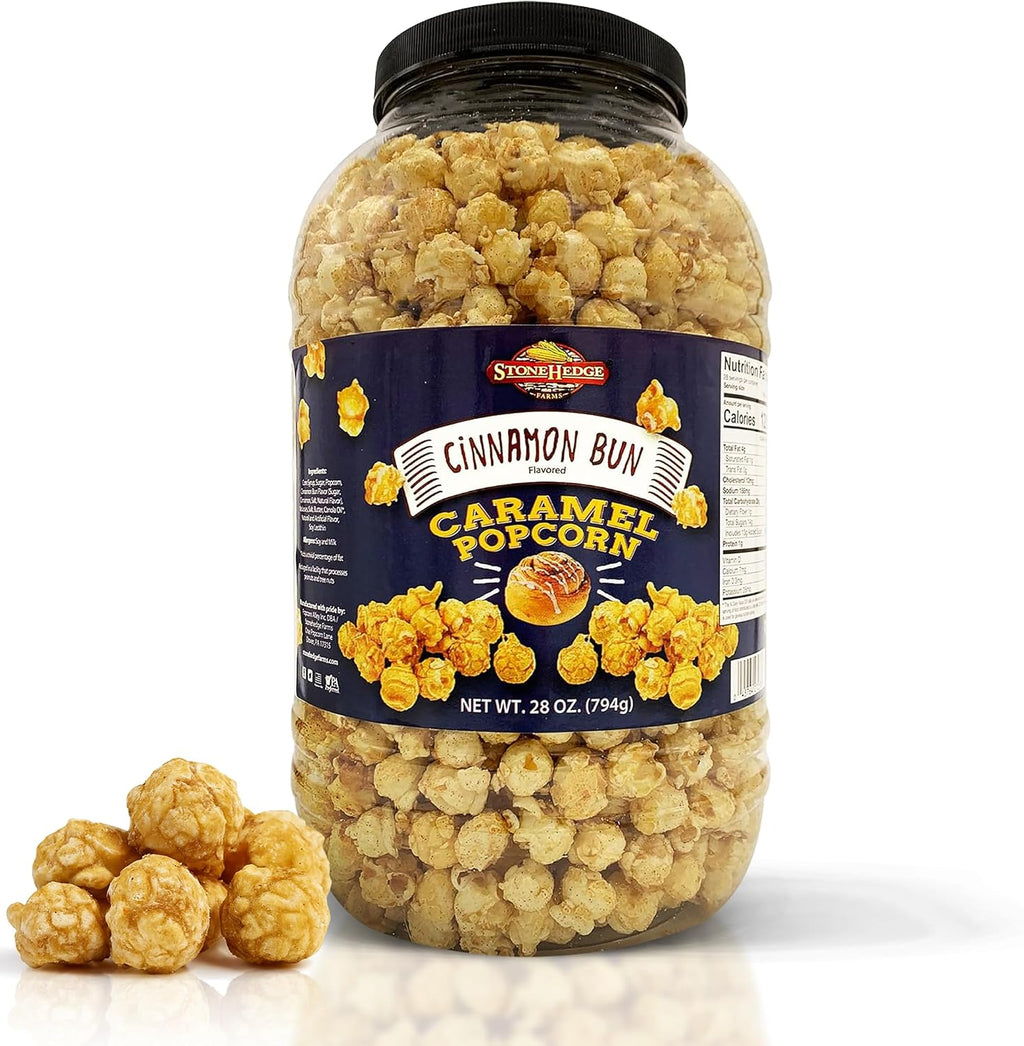 Stonehedge Farms Cinnamon Bun Flavored Popcorn | 28 oz Large Tub | Perfect for Holidays and Christmas | Bulk Gourmet Popped Sweet Snacks | Pop Corn Gift