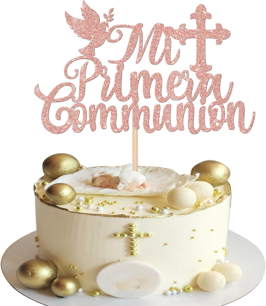 1 Pack Spanish Mi Bautizo Cake Topper with Glitter Cross Holy First Communion Baptism Cake Toppers Picks Religious God Bless Baptism Theme Baby Shower 1st Birthday Party Decorations Supplies Rose Gold