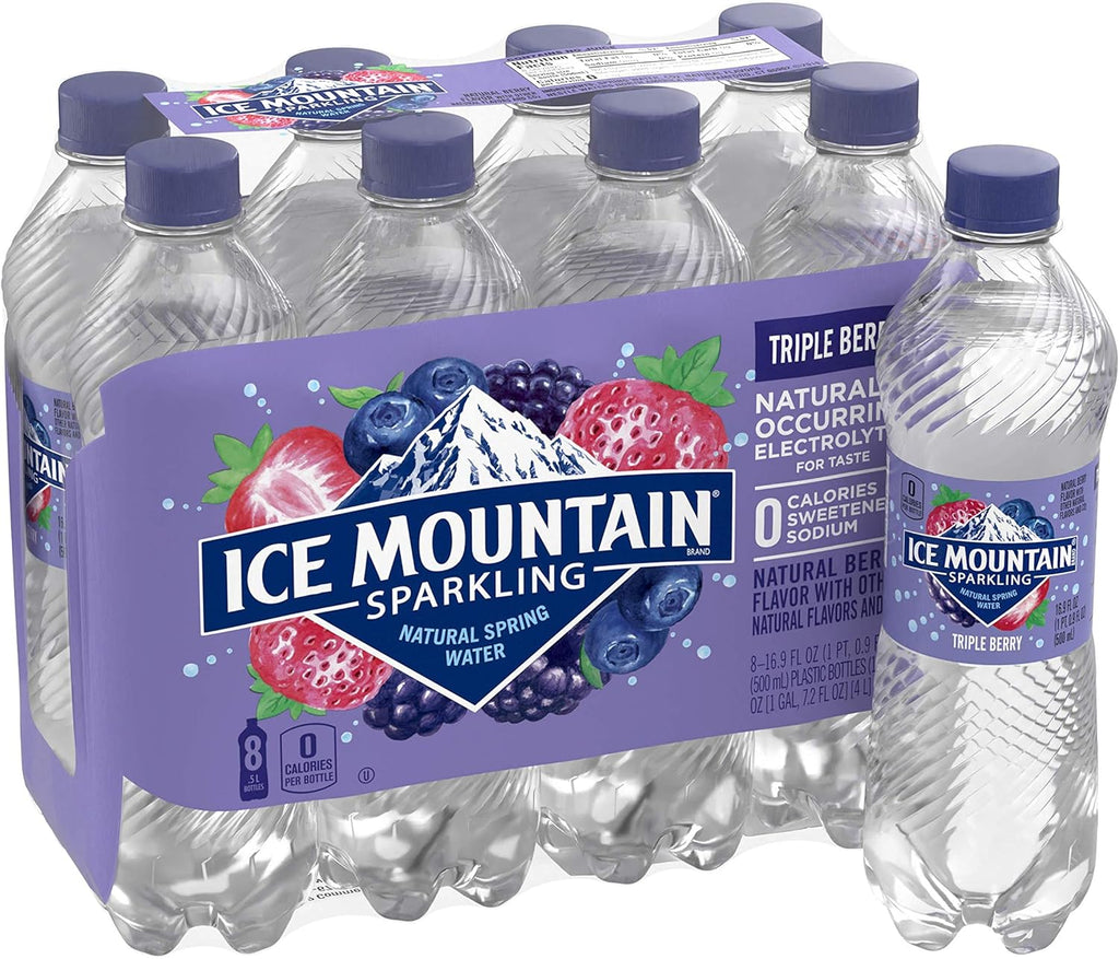 Ice Mountain Sparkling Water, Triple Berry, 16.9 oz. Bottles, 8 Count