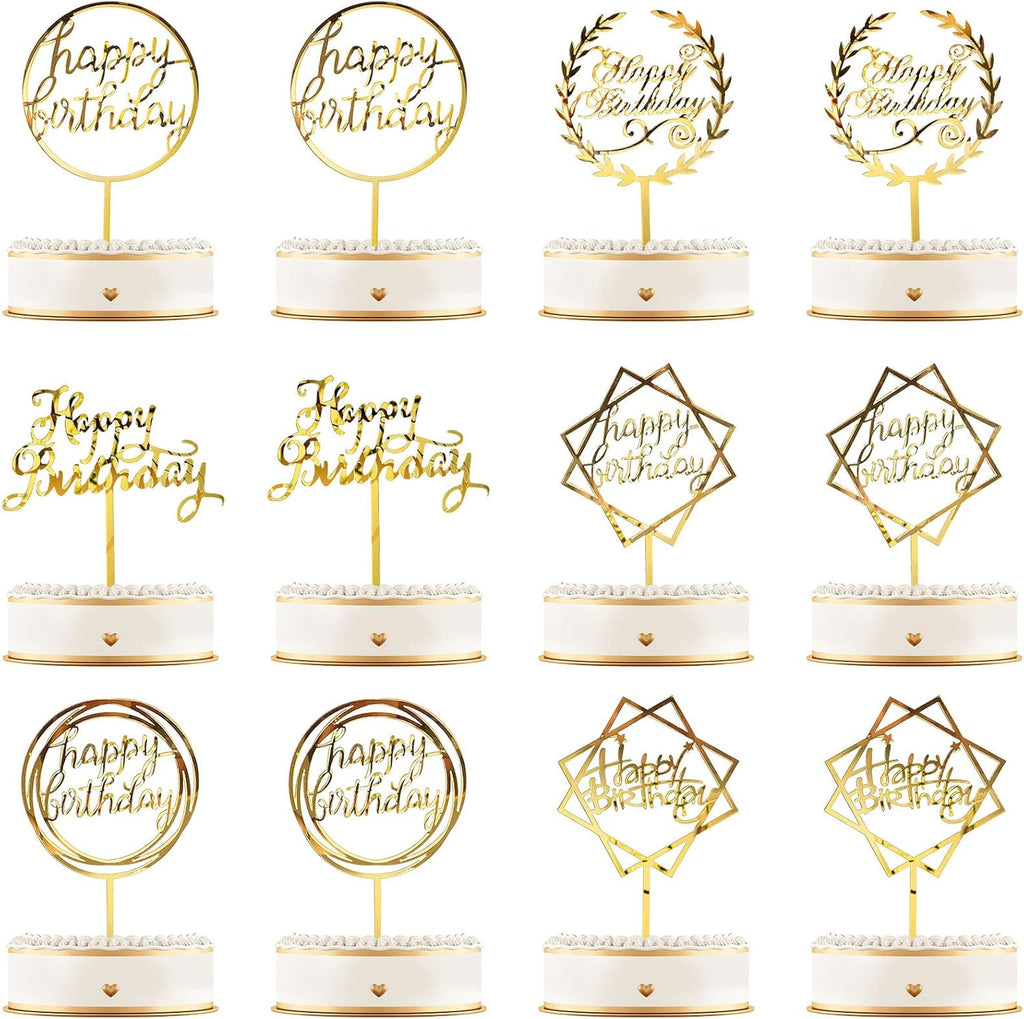 Queekay 12 Pcs Acrylic Happy Birthday Cake Topper Glitter Birthday Cupcake Topper Pick Decorations for Party Cake Desserts Pastries, 6 Styles(Gold)