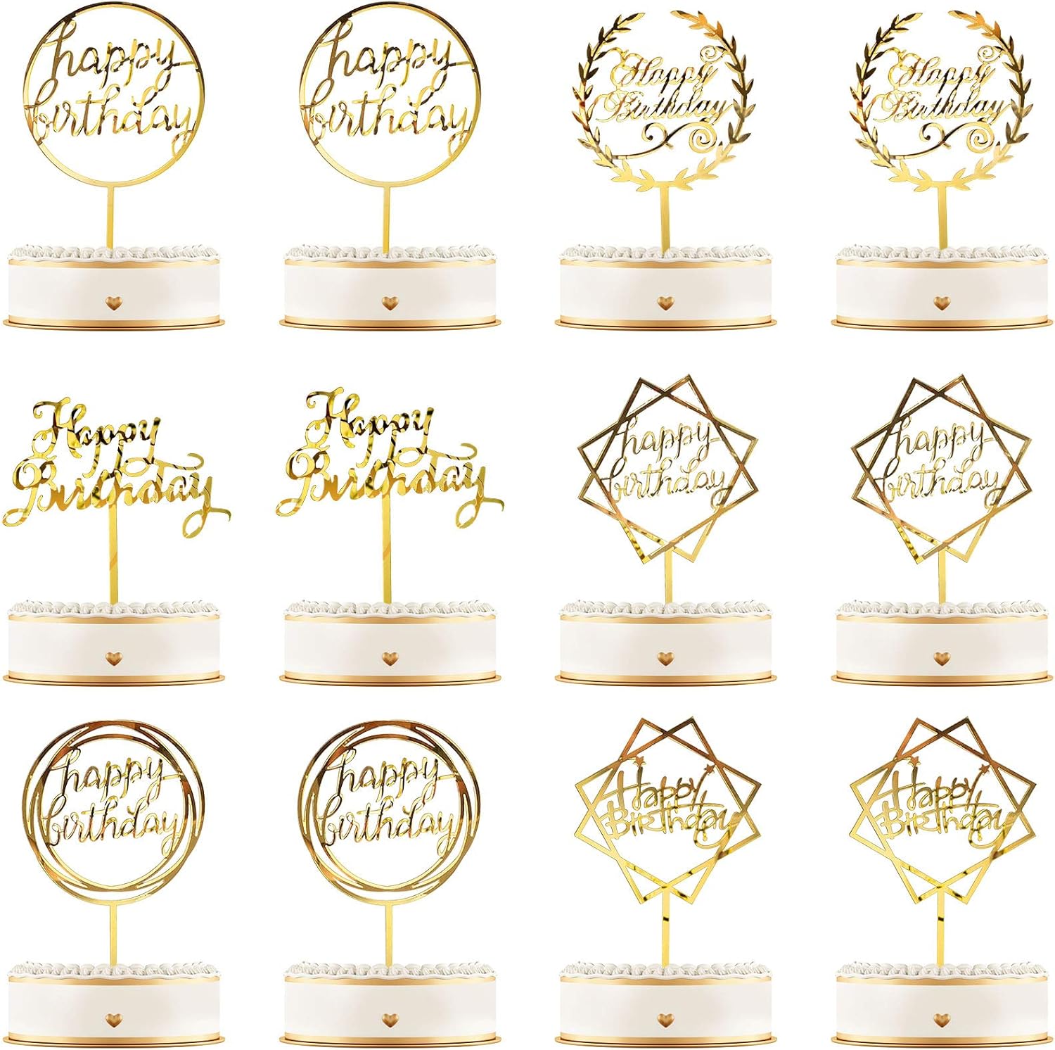 Queekay 12 Pcs Acrylic Happy Birthday Cake Topper Glitter Birthday Cupcake Topper Pick Decorations for Party Cake Desserts Pastries, 6 Styles(Gold)