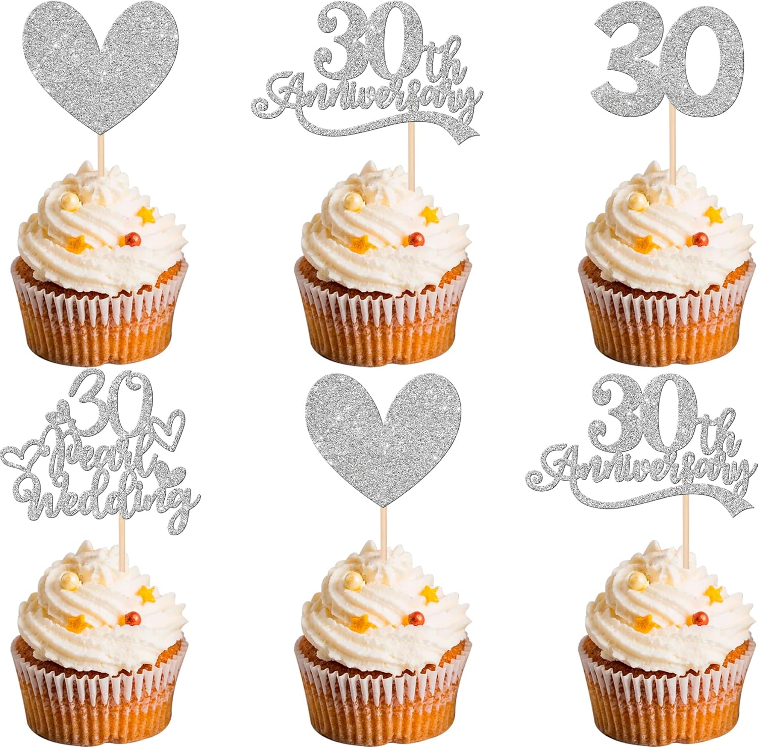24 PCS 30th Anniversary Cupcake Toppers Silver Glitter Heart 30 Pearl Wedding Anniversary Cupcake Picks for Cheers to 30 Years Blessed & Loved Wedding Anniversary Party Cake Decorations Supplies
