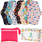 PHOGARY Reusable Menstrual Pads for Heavy Flow with Wet Bag, Sanitary Pads Set with Wings for Women, Washable Overnight Cloth Panty Liners (7 in 1, Style H)