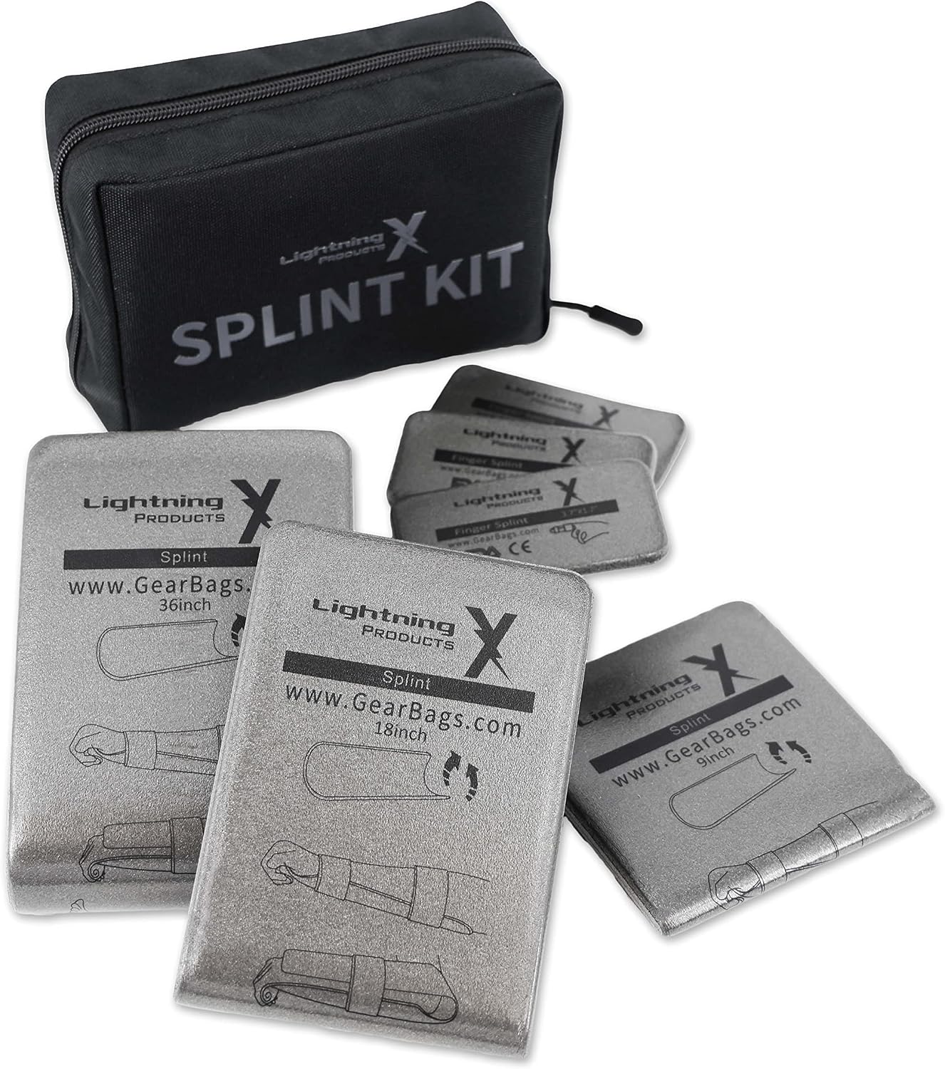 Lightning X Folded Universal Foam & Aluminum Medical Tactical Roll Splint Kit PRO for First Aid EMT Trauma Kits - 6 Splints, 36", 18", 9" & Finger + Bag
