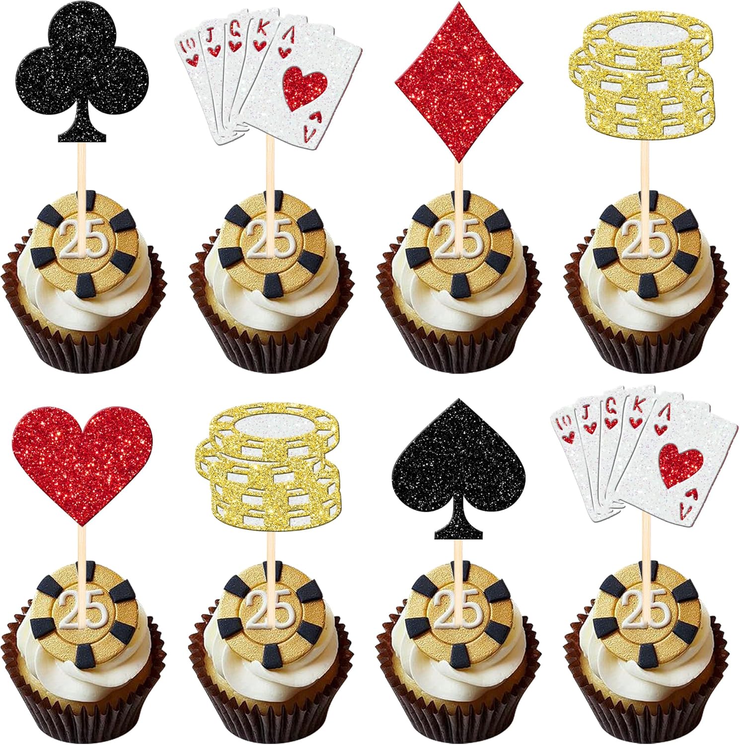 24 PCS Casino Poker Theme Cupcake Toppers Glitter Poker Game Chips Player Las Vegas Casino Cupcake Picks for Las Vegas Casino Night Poker Theme Birthday Party Cake Decorations Supplies