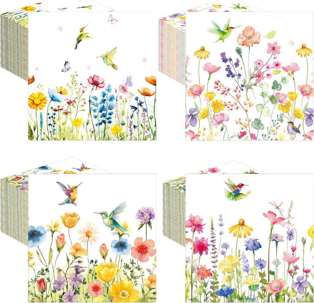 Fulmoon 200 Pieces Spring Wildflower Cocktail Napkins Disposable Floral Decoupage Paper Napkins Decorative Hummingbird Flower Beverage Towel for Spring Summer Party Favor Supplies