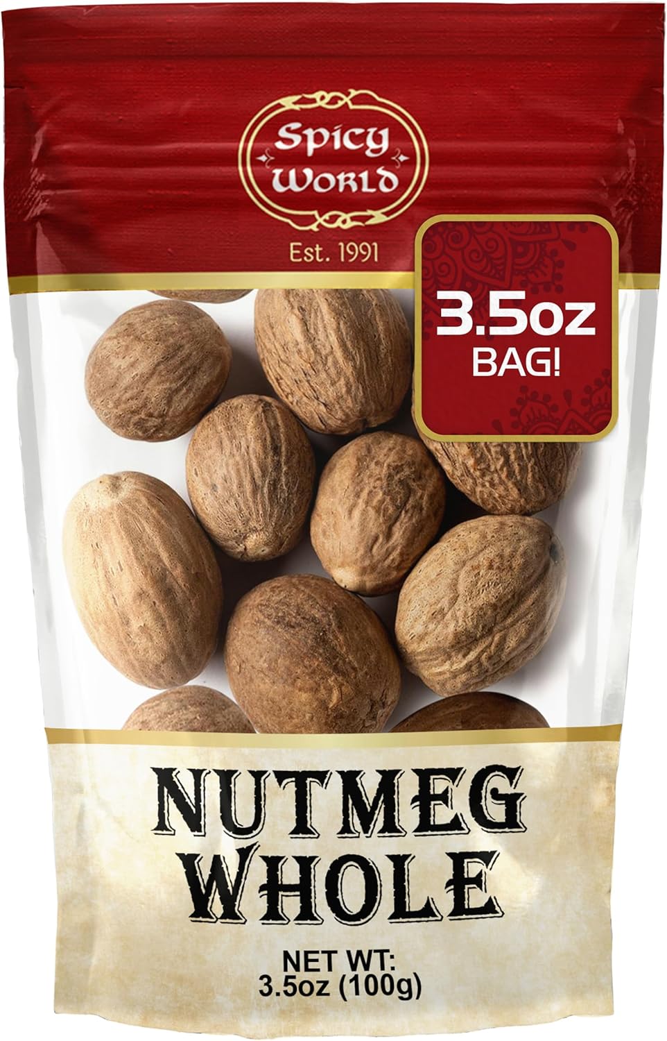 Spicy World Nutmeg Whole 3.5oz (100g) - Premium Grade from Indonesia, Pure, Natural, Gluten Free