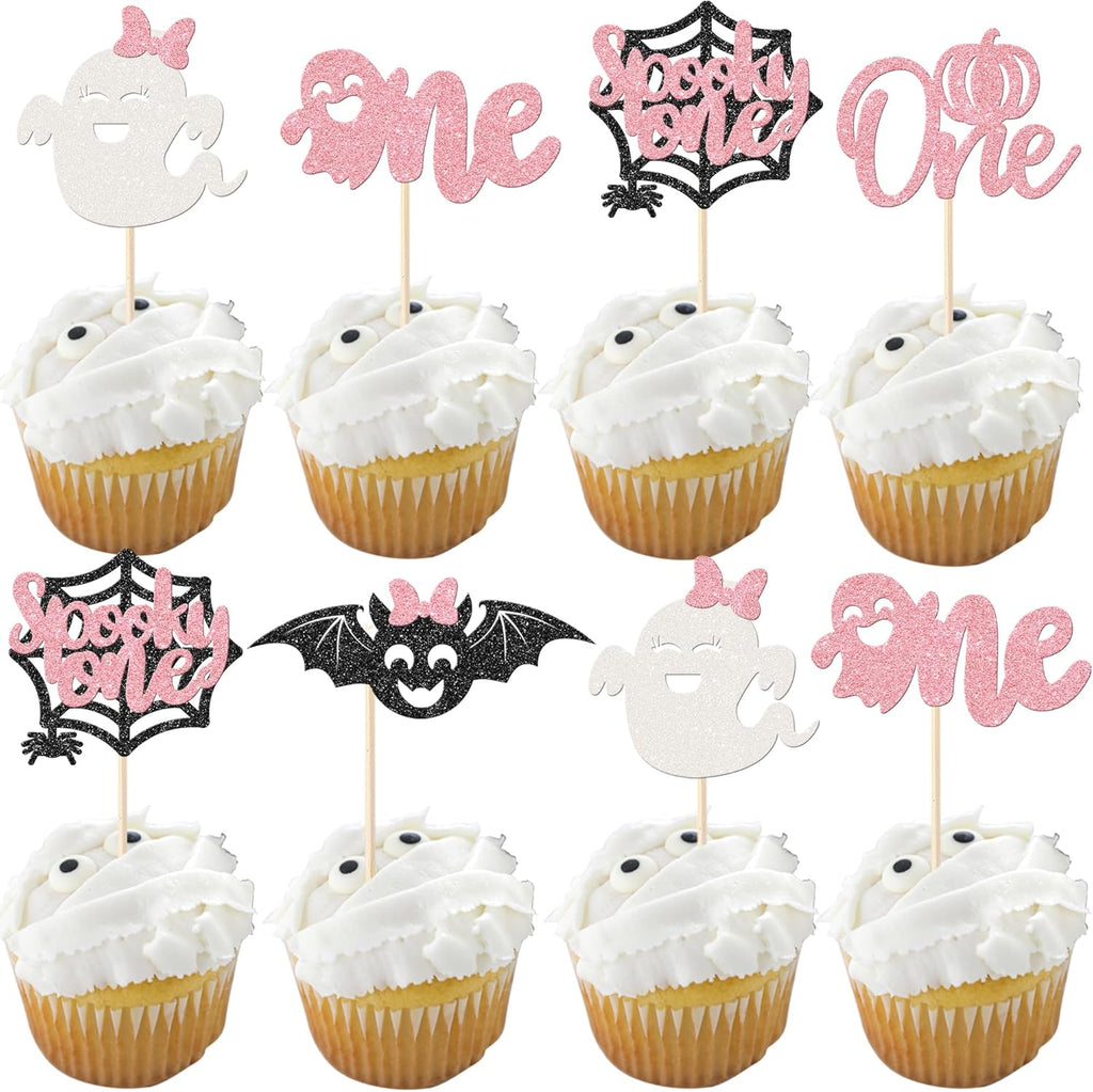 Rsstarxi 30 Pack Halloween Cupcake Toppers Spooky One Girl First Birthday Cupcake Decorations Ghost Bat Spider Pumpkin Cupcake Picks for Halloween Baby Shower 1st Birthday Party Cake Decorations