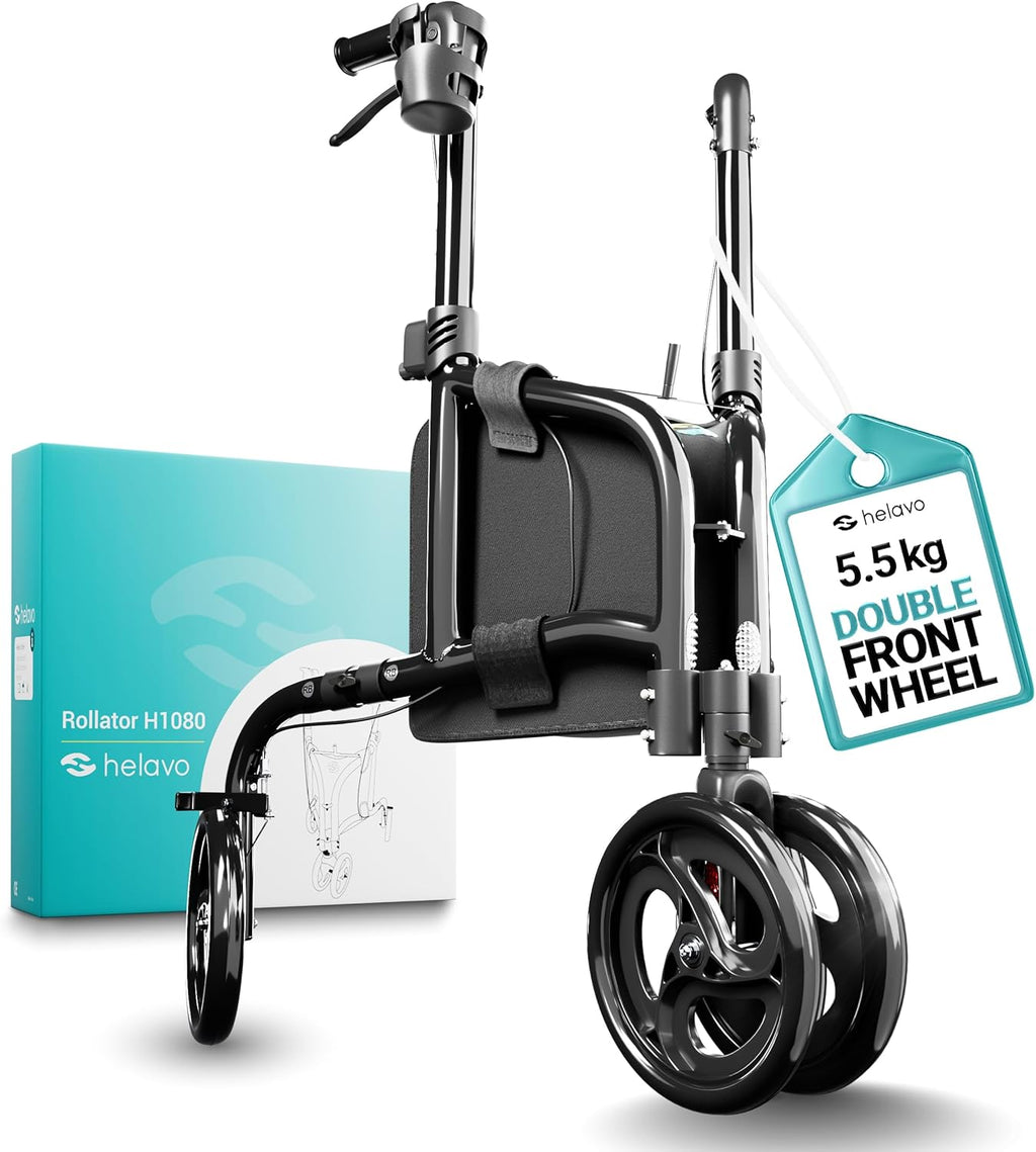 Helavo 3 Wheel Walker for Seniors with Double Front Wheels, Lightweight Foldable Narrow Walker for Small Spaces, Compact Aluminum Mobility Aid with Height Adjustable Handles