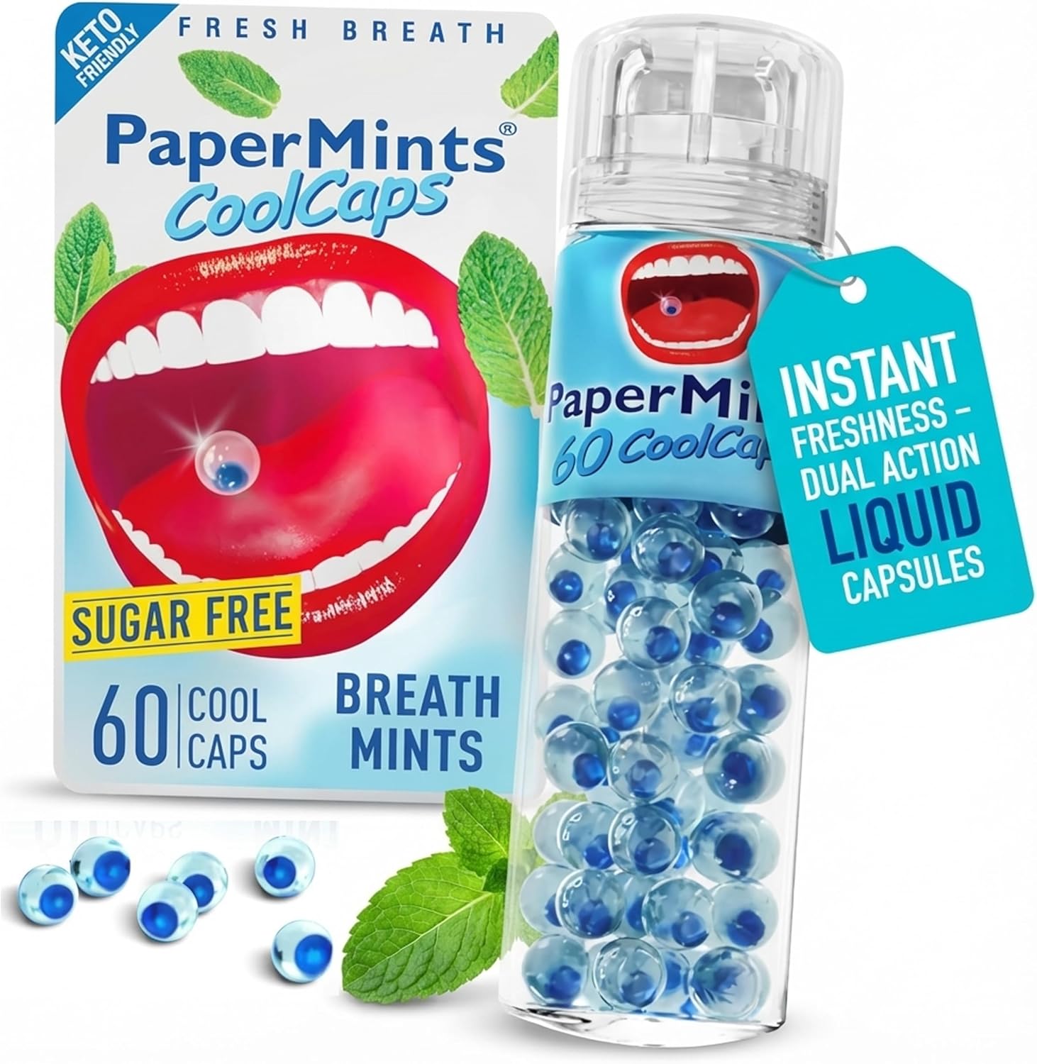 PaperMints CoolCaps Breath Mints Peppermint Sugar-Free - Dual Action Liquid Capsules for Instant Fresh Breath, Long-lasting Breath Freshner, Fast-Dissolves, Pocket Size Twist Cap 3 pack of 60 pieces - 180 Mints