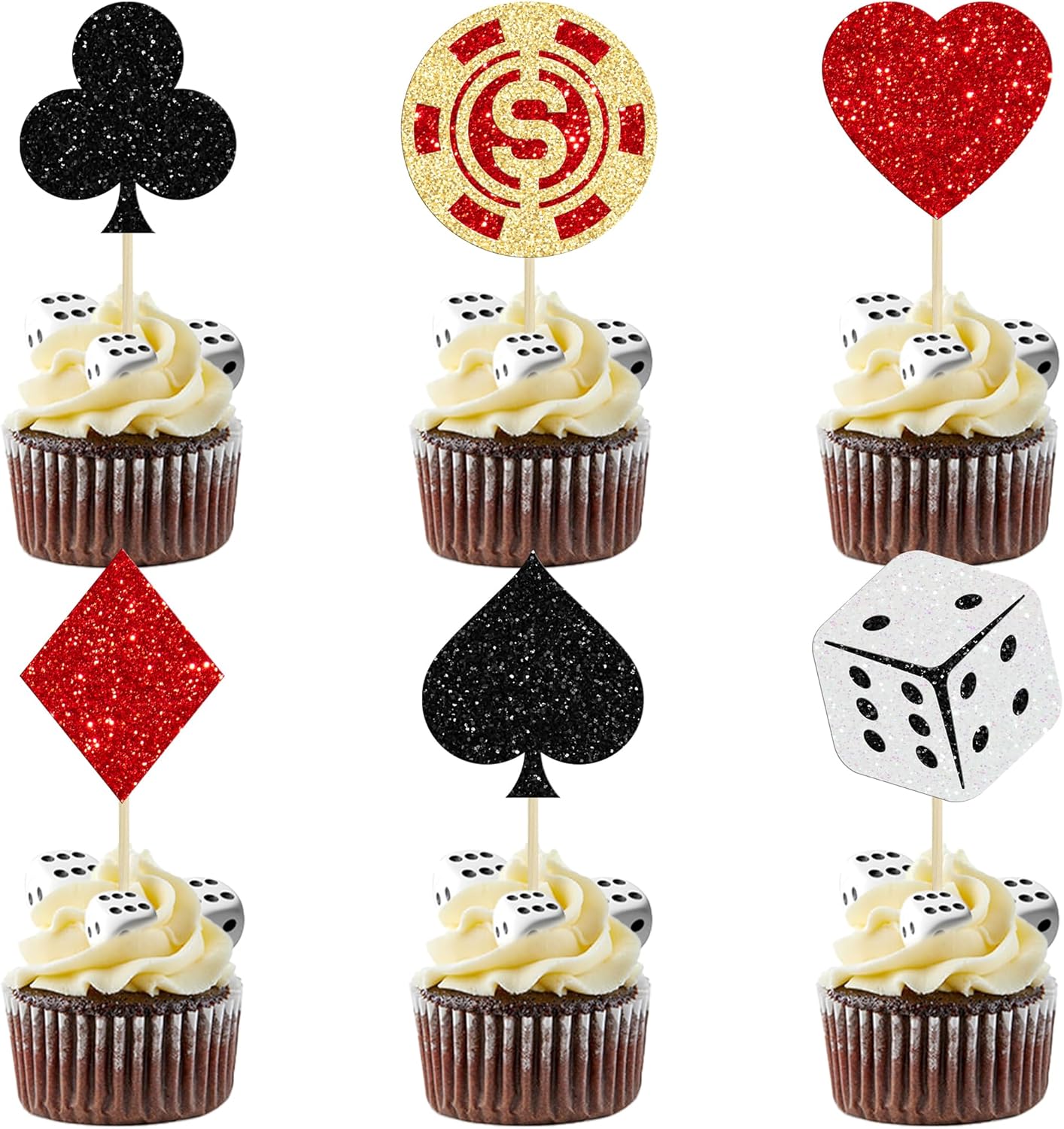 Ephlyn 24Pcs Casino Cupcake Toppers Poker Game Chips Player Las Vegas Theme Gambling Cupcake Picks Vegas Casino Night Poker Theme Birthday Party Cake Decorations Supplies