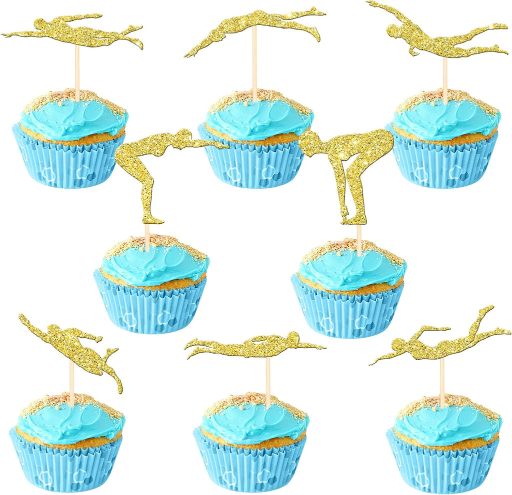 24 PCS Summer Swiming Cupcake Toppers Glitter Swim Cupcake Picks Swimmer Team Cake Decorations for Sports Swim Theme Beach Pool Party Baby Shower Birthday Party Cake Decro Supplies Gold