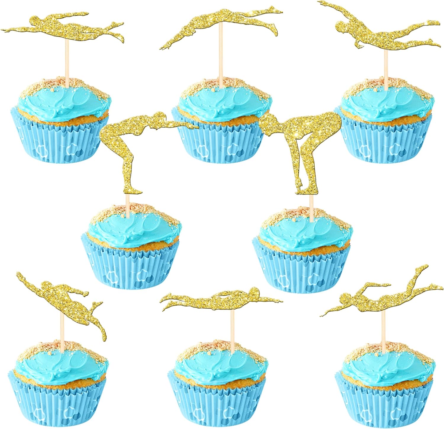 24 PCS Summer Swiming Cupcake Toppers Glitter Swim Cupcake Picks Swimmer Team Cake Decorations for Sports Swim Theme Beach Pool Party Baby Shower Birthday Party Cake Decro Supplies Gold