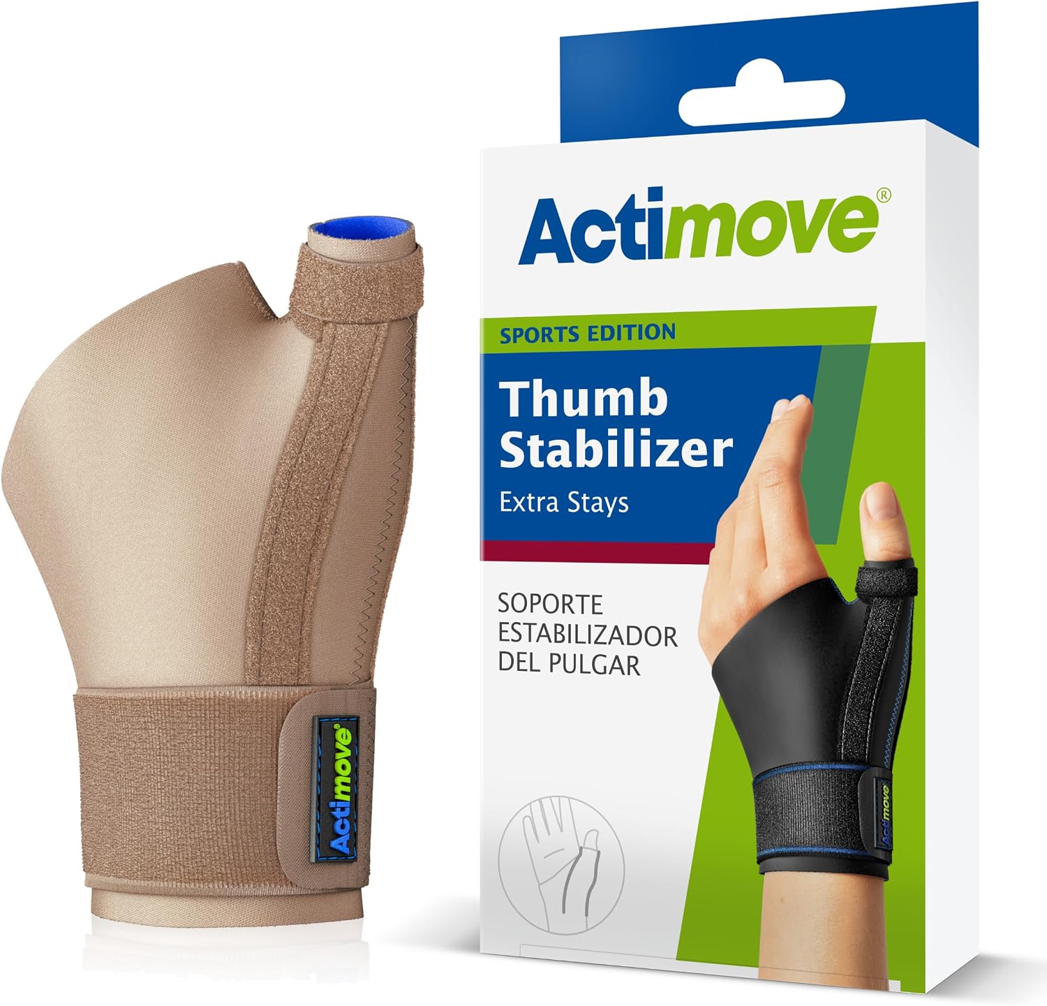 Actimove Sports Edition Thumb Stabilizer with Extra Stays – Sleeve for Pain Management of Strains, Sprains, Inflammation, Thumb Pain & Skier's Thumb – Left/Right Wear - Beige, Small/Medium