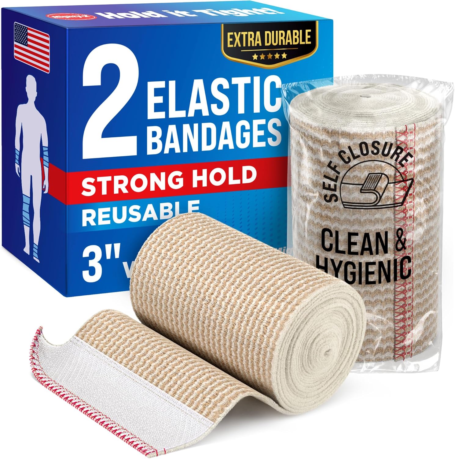 Premium Elastic Bandage Wrap - 3” (2pk) - Strong Compression - Self-Closing Reusable Bandages for Legs and Arms - Wrist, Elbow, Foot, Ankle, Knee Wrap - for First Aid Kit and After Surgery Recovery
