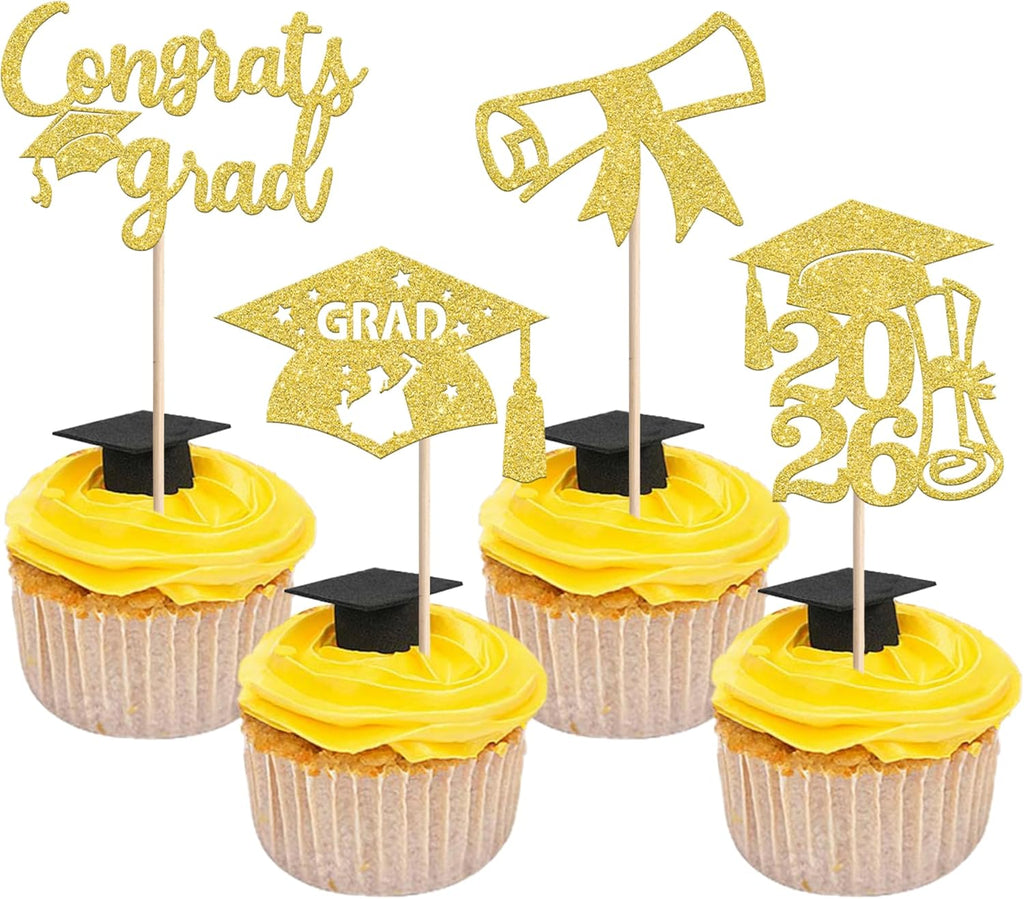 Rsstarxi 36 Pack Class of 2026 Graduation Cupcake Toppers Glitter 2026 Grad Cap Diploma Congrats Grad Cupcake Picks for 2026 Graduation Theme Party Cake Decorations Gold