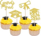 Rsstarxi 36 Pack Class of 2026 Graduation Cupcake Toppers Glitter 2026 Grad Cap Diploma Congrats Grad Cupcake Picks for 2026 Graduation Theme Party Cake Decorations Gold