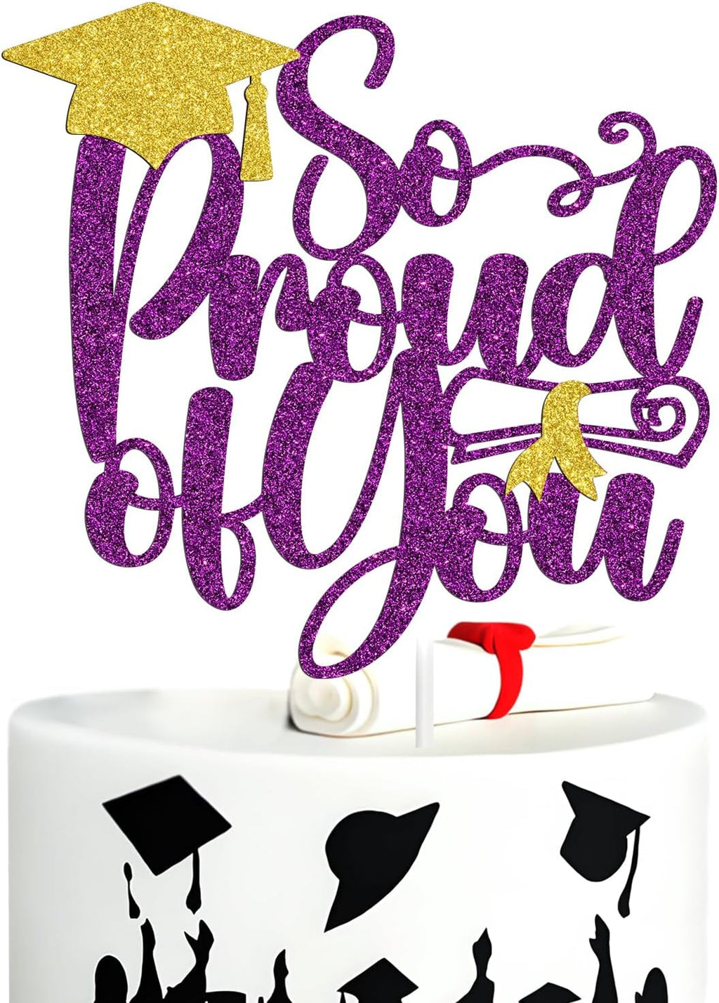 So Proud of You Cake Topper, Congrats Grad/Class of 2026, Holy Sh*t You Graduate, High School College Universary Party Decorations Supplies, Purple and Gold Glitter
