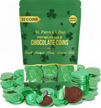 St. Patrick's Day Chocolate Green Coins, 32-Pack, Milk Chocolate Candy, Large 1.5 Inch Half Dollar Size, Green Foil, Individually Wrapped Party Favors For Holidays, Candy Buffets, Goodie Bags And Treasure Hunts